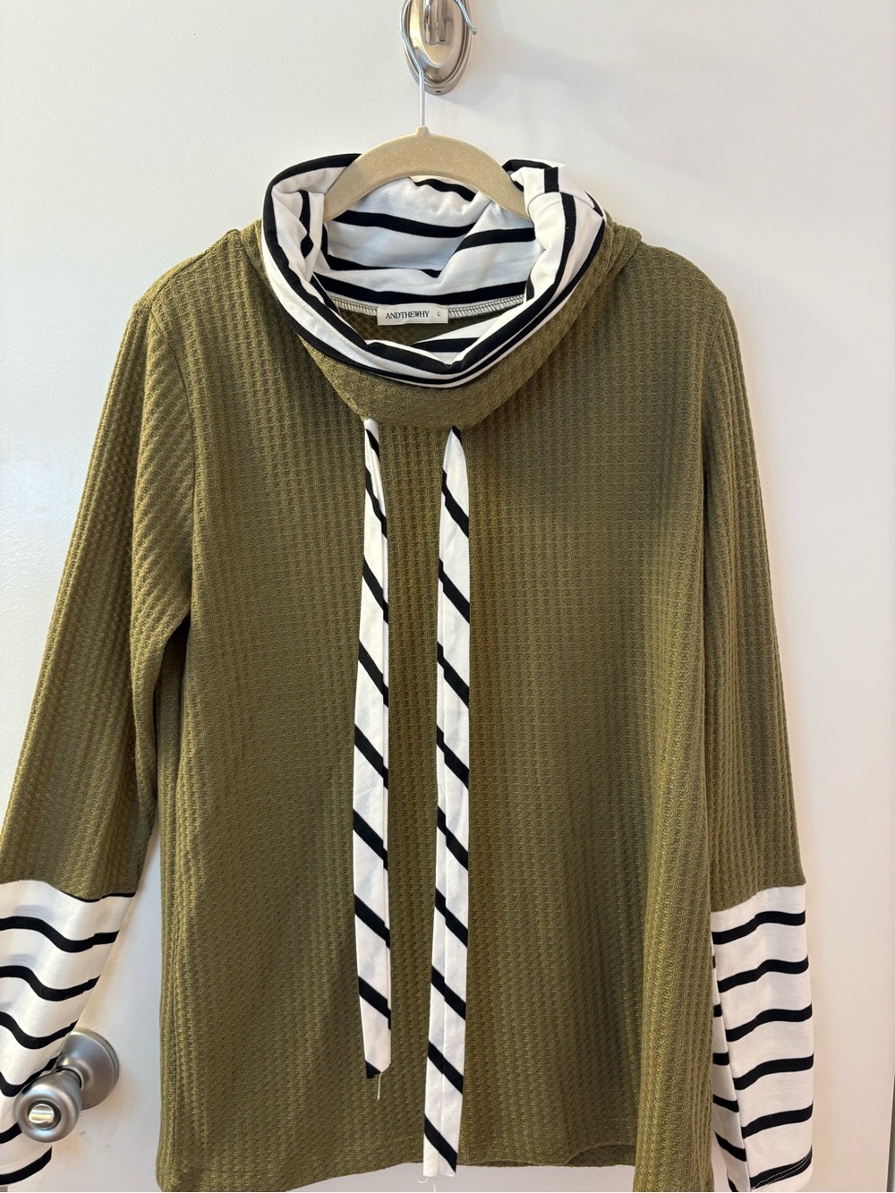 ANDTHEWHY Olive Green Waffle Knit Cowl Sweater W/Striped Trim Like New Large